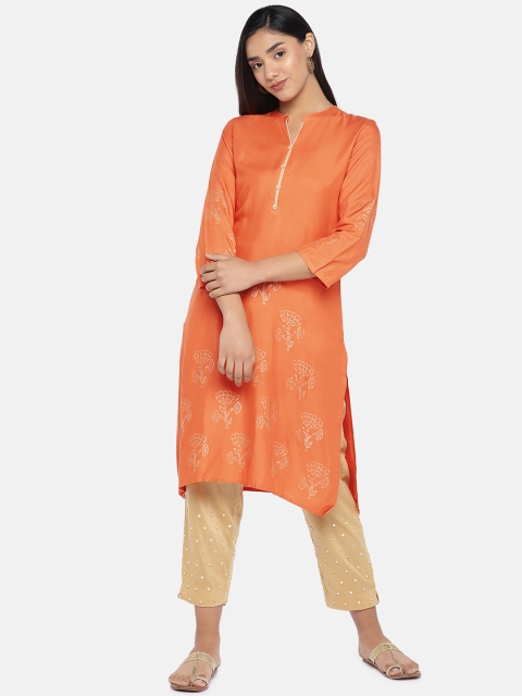 

Teal19 Women Orange Printed Straight Kurta