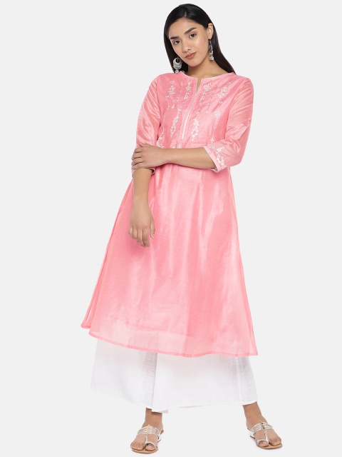 

Teal19 Women Pink & Silver-Coloured Embroidered Chanderi Silk A-Line Kurta