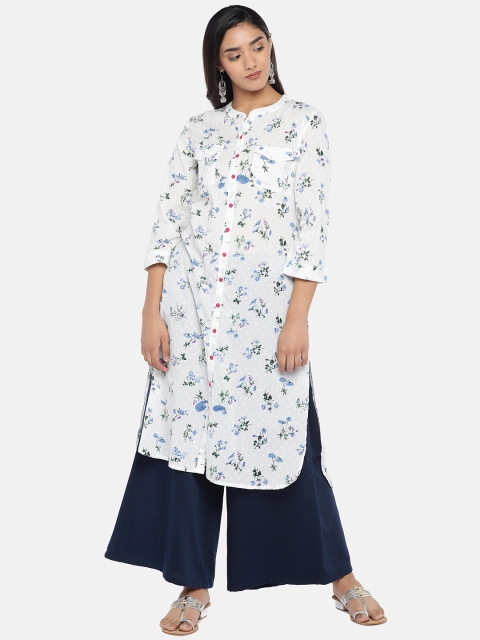 

Teal19 Women White & Blue Floral Printed Straight Kurta