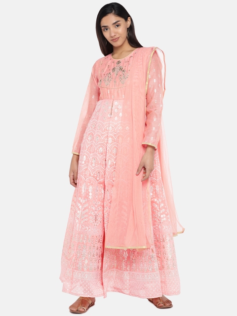 

Teal19 Women Peach-Coloured & Silver-Coloured Embroidered Chanderi Silk Anarkali Kurta