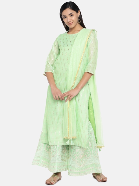 

Teal19 Women Green & Gold-Coloured Embellished Straight Chanderi Silk Kurta