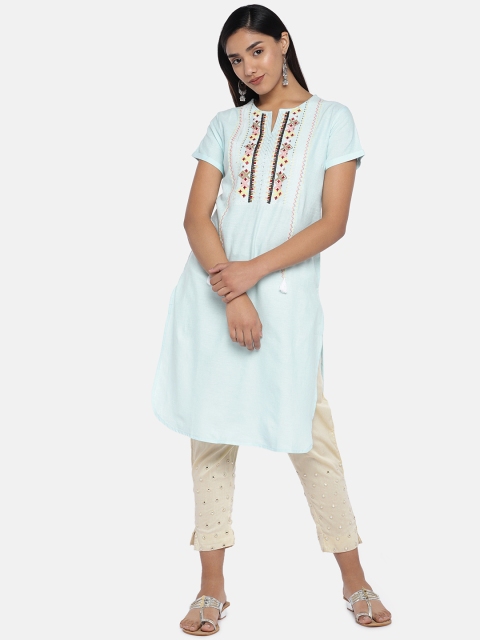 

Teal19 Women Blue Yoke Design Straight Kurta