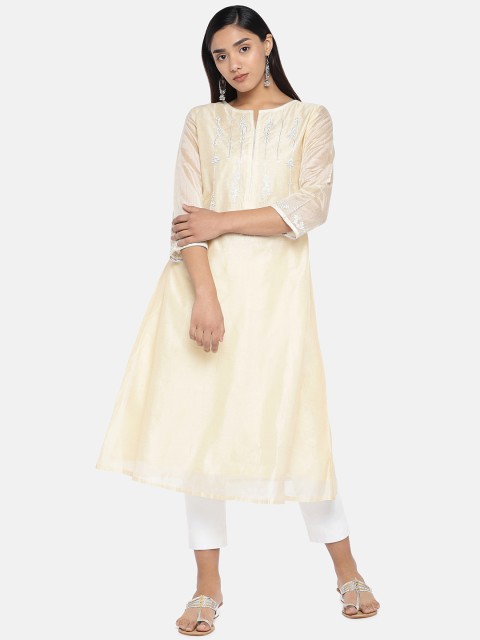 

Teal19 Women Cream-Coloured & Silver-Coloured Embroidered Chanderi Silk A-Line Kurta