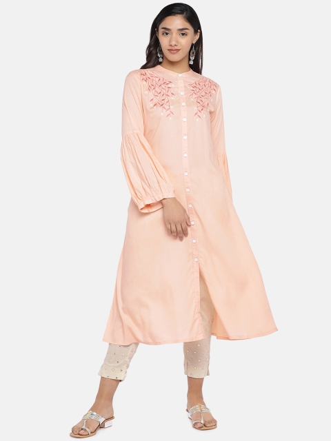 

Teal19 Women Peach-Coloured Embroidered A-Line Kurta