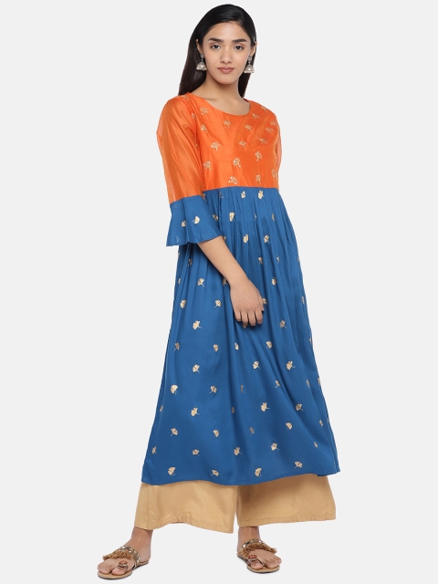 

Teal19 Women Blue & Orange Embroidered Chanderi Silk A-Line Kurta