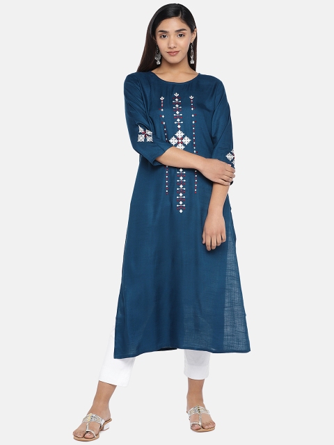 

Teal19 Women Navy Blue Embroidered Straight Kurta