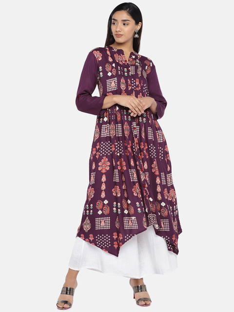 

Teal19 Women Purple & Red Printed Asymmetric A-Line Kurta
