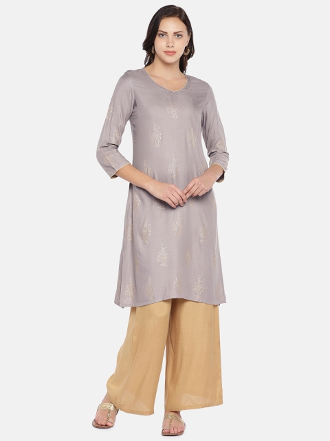 

Teal19 Women Grey Printed Straight Kurta