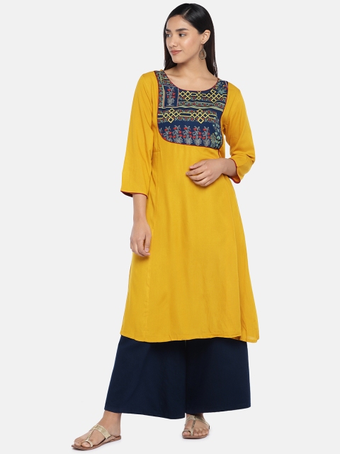 

Teal19 Women Yellow Printed Straight Kurta