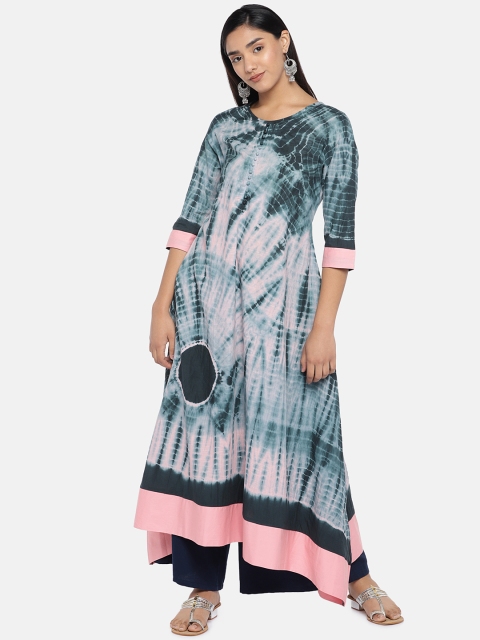 

Teal19 Women Teal Green & Pink Dyed A-Line Asymmetric Kurta