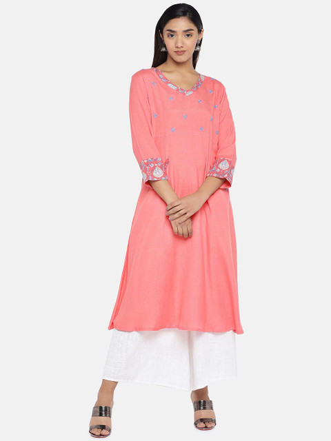 

Teal19 Women Pink Embroidered A-Line Kurta