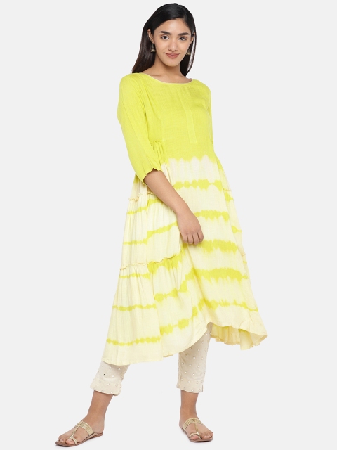 

Teal19 Women Yellow & White Dyed A-Line Kurta