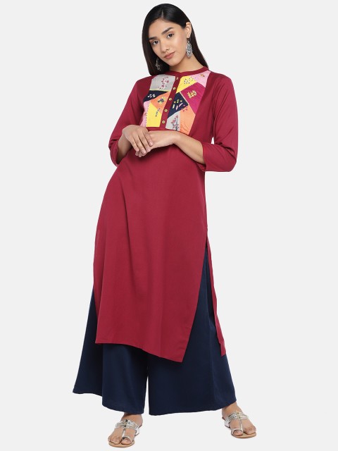 

Teal19 Women Maroon Yoke Design Straight Kurta