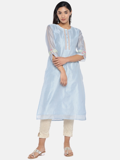 

Teal19 Women Blue Embroidered Straight Kurta