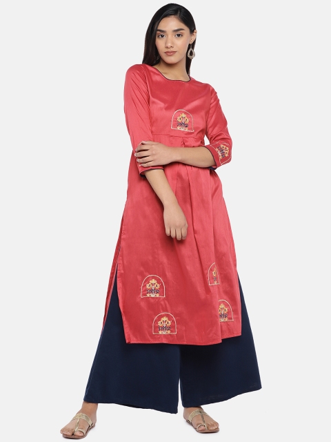

Teal19 Women Red Embroidered Straight Kurta