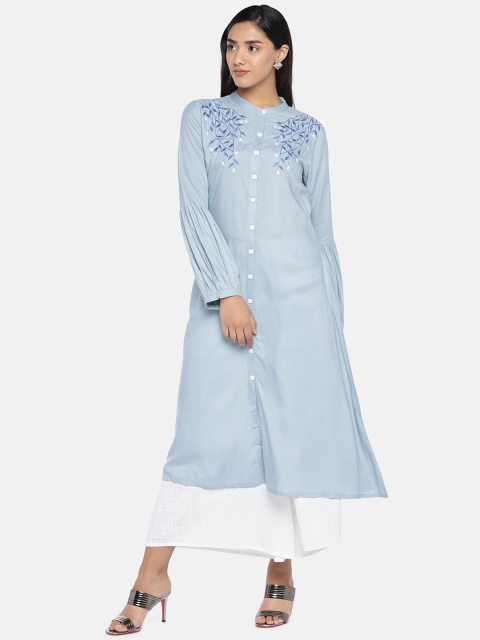 

Teal19 Women Blue Embroidered A-Line Kurta