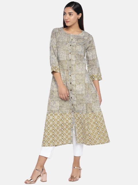 

Teal19 Women Olive Green & Blue Printed Straight Kurta