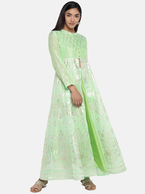 

Teal19 Women Green & Silver-Coloured Embellished Chanderi Silk Anarkali Kurta