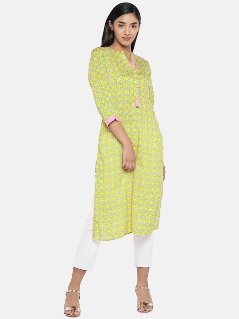 

Teal19 Women Yellow & Lime Green Printed Straight Kurta