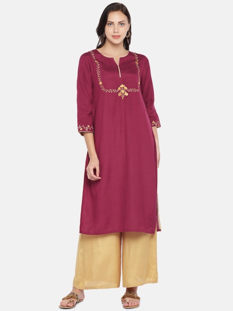 

Teal19 Women Burgundy Embroidered Straight Kurta