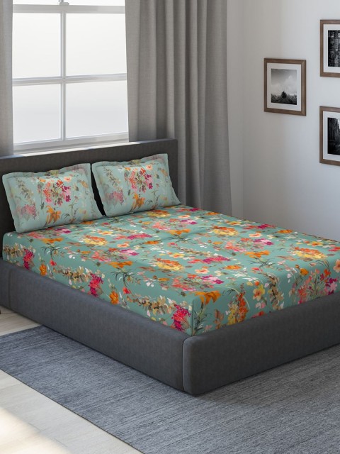

DDecor Turquoise Blue & Yellow Floral 180 TC Cotton 1 King Bedsheet with 2 Pillow Covers