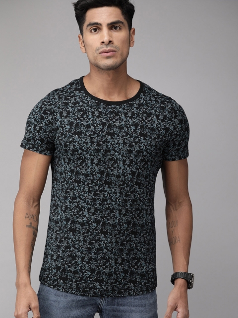 

Jack & Jones Men Black & Blue Printed Round Neck Slim Fit T-shirt