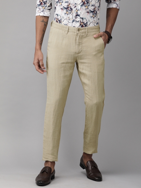 

Jack & Jones Men Beige Marco Slim Fit Solid Regular Cropped Linen SmartCasual Trousers
