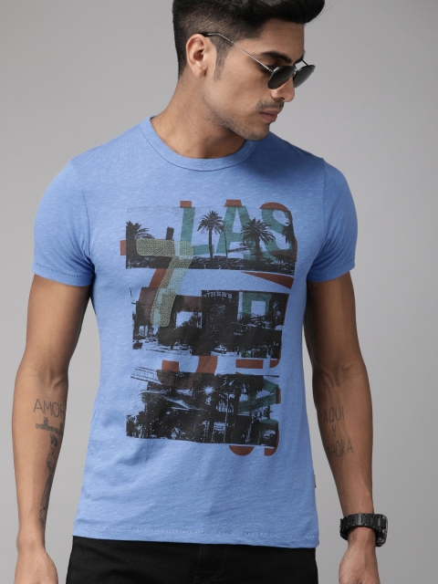 

Jack & Jones Men Blue Slim Fit Printed Round Neck T-shirt with Embroidered Detail