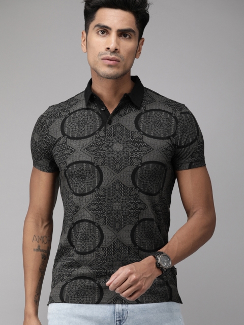 

Jack & Jones Men Black Slim Fit Printed Polo Collar T-shirt