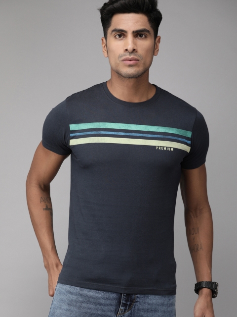 

Jack & Jones Men Navy Blue & White Striped Round Neck Slim Fit T-shirt