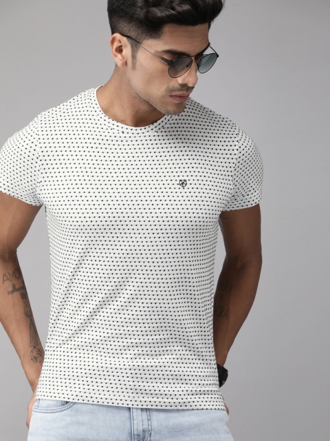 

Jack & Jones Men White & Navy Blue Slim Fit Self Design Round Neck T-shirt