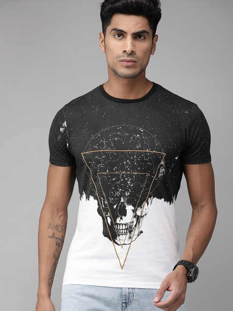 

Jack Jones Men White Black Slim Fit Printed Round Neck Pure Cotton T-shirt
