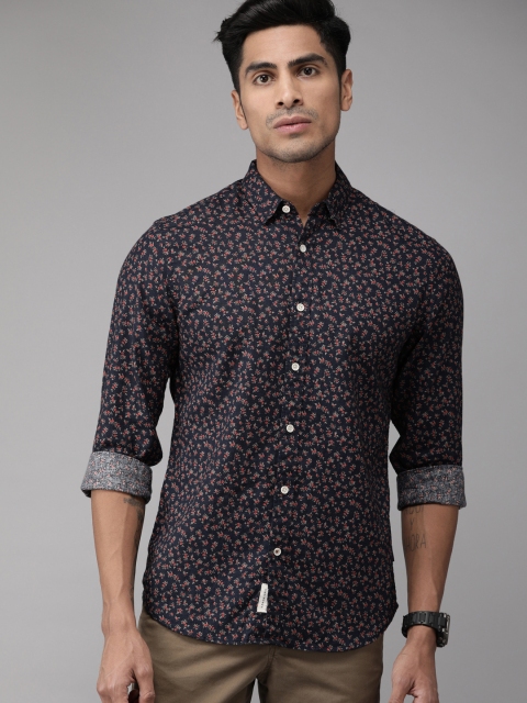 

Jack & Jones Men Navy Blue & Rust Orange Slim Fit Printed Casual Linen Shirt