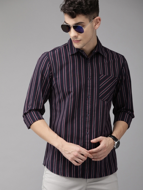 

Jack & Jones Men Navy Blue & Maroon Slim Fit Striped Casual Shirt