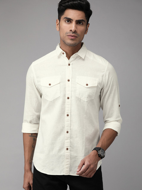 

Jack & Jones Men Off-White Slim Fit Solid Casual Linen Shirt