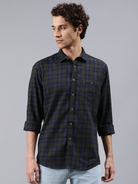 

Louis Philippe Jeans Men Olive Green & Navy Blue Slim Fit Checked Casual Shirt