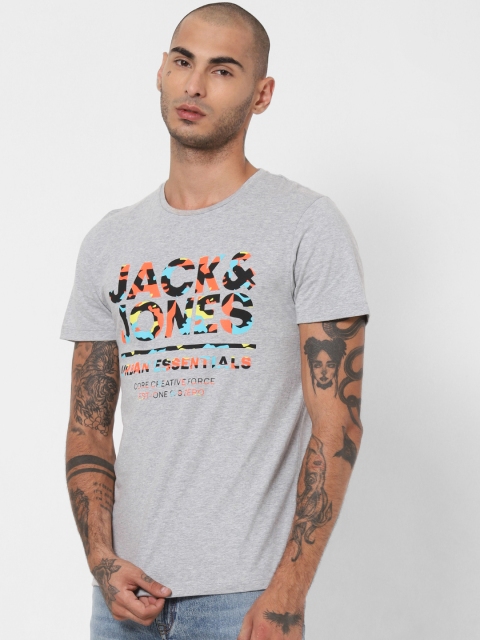 

Jack & Jones Men Grey Melange & Orange Printed Round Neck T-shirt