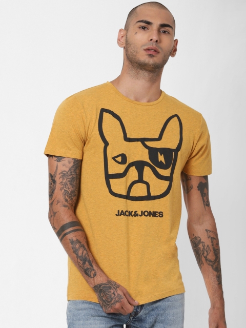 

Jack & Jones Men Mustard Yellow & Black Printed Round Neck T-shirt