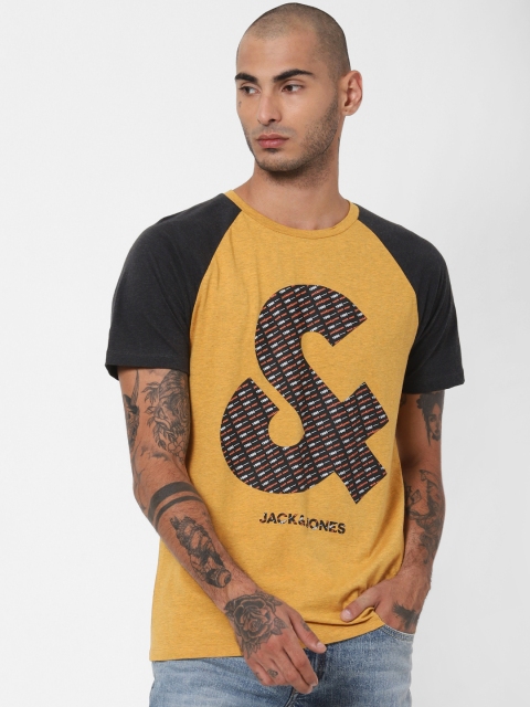 

Jack & Jones Men Mustard Yellow & Black Printed Round Neck T-shirt