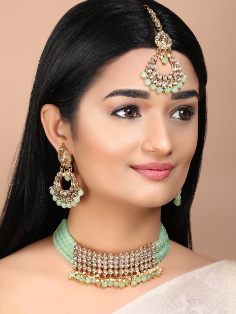 

Rubans White & Green Kundan Studded Pearl Embellished Gold-Plated Jewellery Set