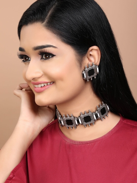 

Rubans Black Stone-Studded Oxidized Jewellery Set, Silver