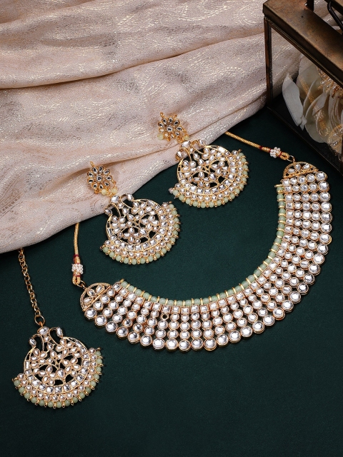 

Rubans White & Green Gold-Plated Kundan Studded Jewellery Set