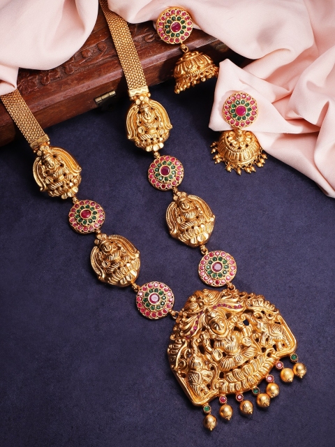 

Rubans Red & Green Gold-Plated Stone-Studded Handcrafted Temple Jewellery Set