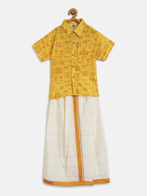

YK Boys Mustard Yellow & Off-White Printed Shirt and Veshti
