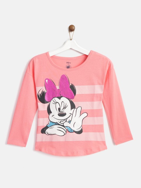 

YK Disney Girls Peach-Coloured & White Minnie Mouse Print Round Neck T-shirt