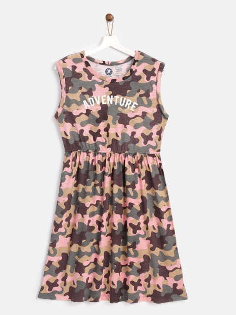 

YK Girls Peach-Coloured & Olive Green Camouflage Print A-Line Dress