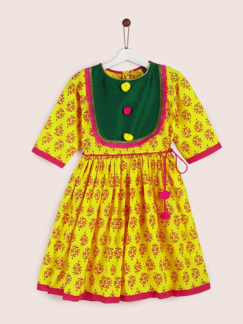 

YK Girls Yellow Printed A-Line Kurta