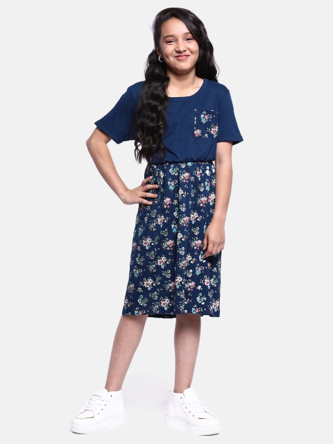 

YK Girls Navy Blue & Pink Floral Printed A-Line Dress