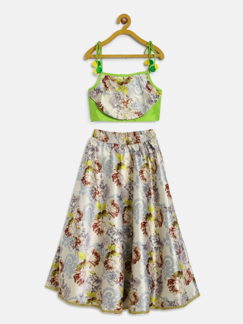 

YK Girls Pink & Lime Green Floral Print Ready to Wear Lehenga with Blouse