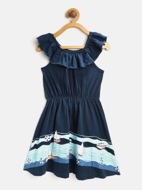 

YK Girls Navy Blue Printed Fit and Flare Dress
